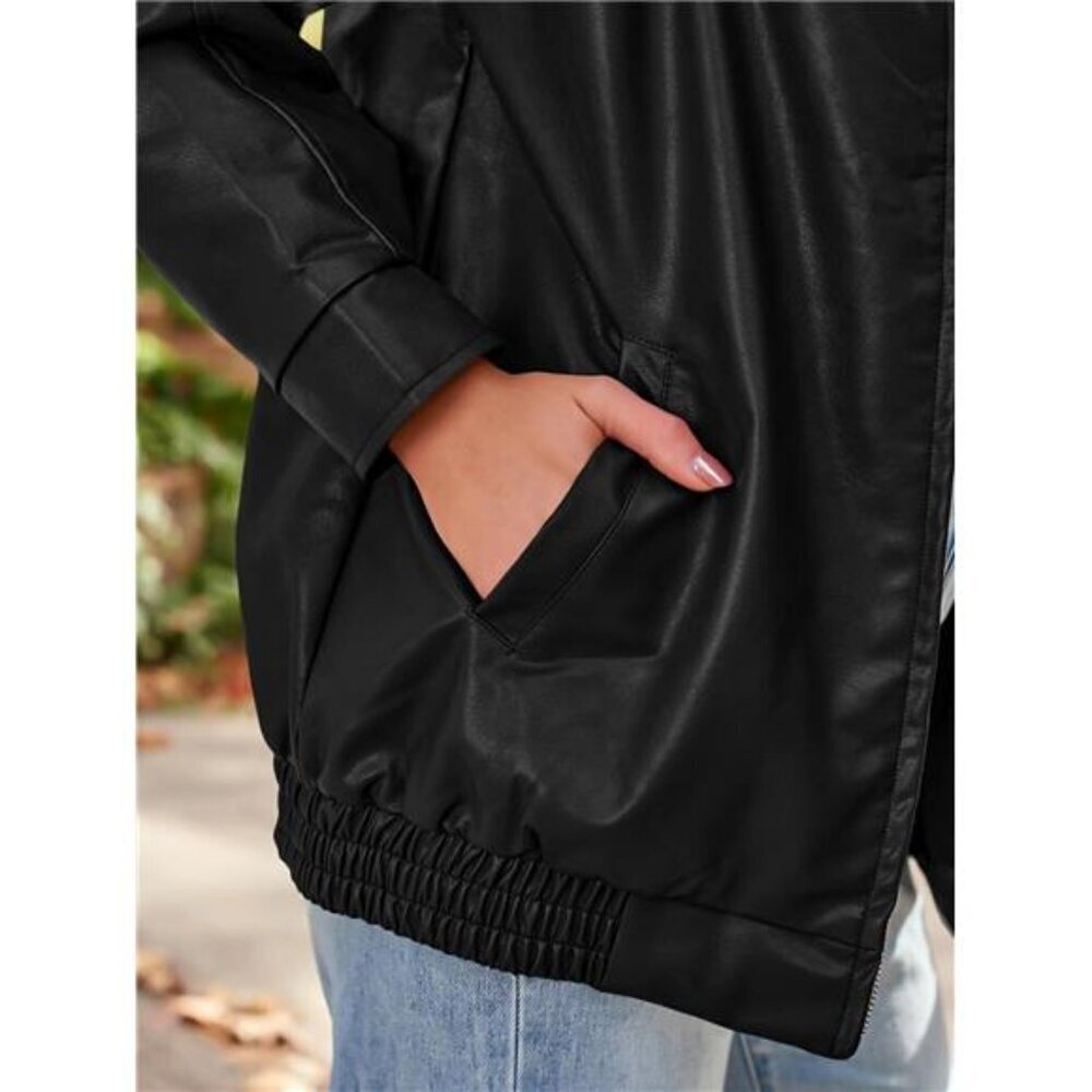 Womens Oversized Leather Jackets Faux Suede Fall Fashion Motorcycle - Picture 5 of 6